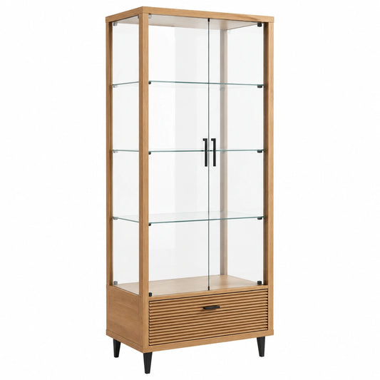 Vitrine contemporaine en bois et verre marron, transparent et noir, 80 x 40 x 180 cm, 2 portes et tiroir