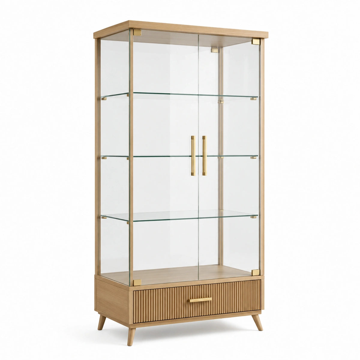 Vitrine contemporaine 90 x 40 x 180 cm en verre transparent, bois naturel et détails dorés