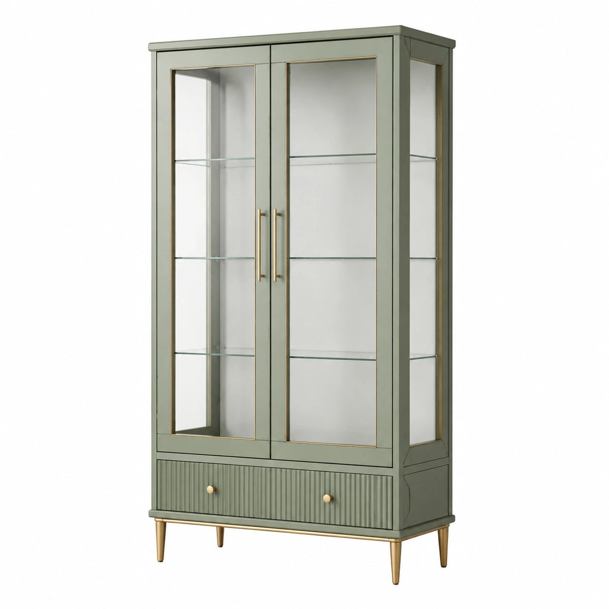 Vitrine contemporaine en bois et verre vert sauge et doré, 90 x 40 x 180 cm