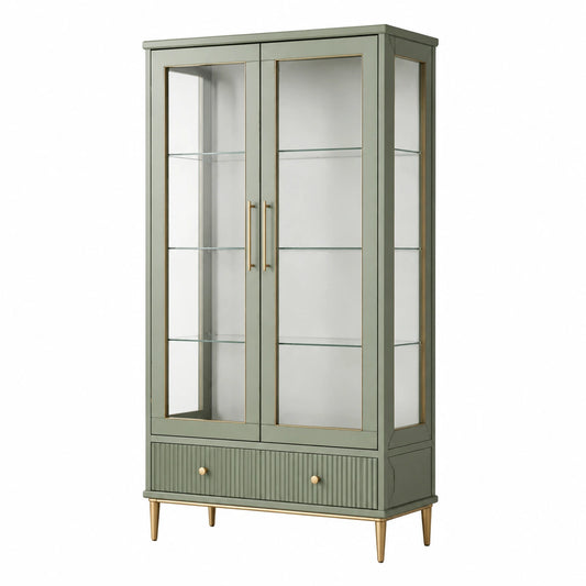 Vitrine contemporaine en bois et verre vert sauge et doré, 90 x 40 x 180 cm